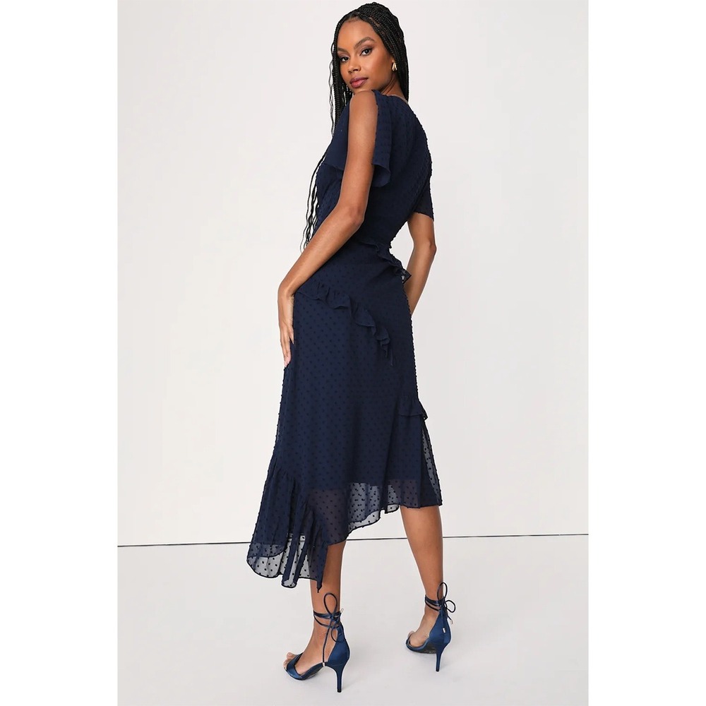 NWT Lulus Next To You Swiss Dot Ruffle Surplice Slit V-Neck Midi‎ Dress Navy XS - Picture 3 of 15